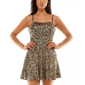 B.DARLIN Juniors Sequined A-Line Mini Dress 9/10 Black Gold Sleeveless NWT